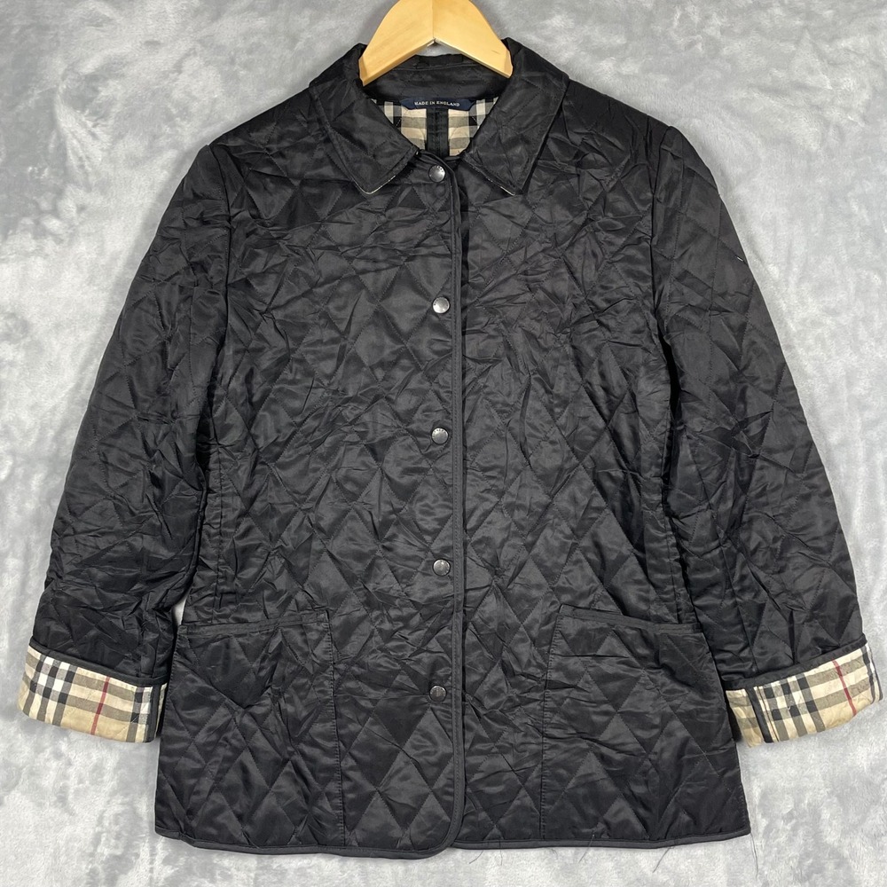 Burberry London Black Diamond Quilted Nova Check Lining Jacket Made in England
